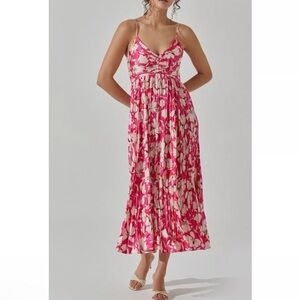 NEW ASTR The Label Maeve Printed Pleated Midi Dress Pink Floral Small S